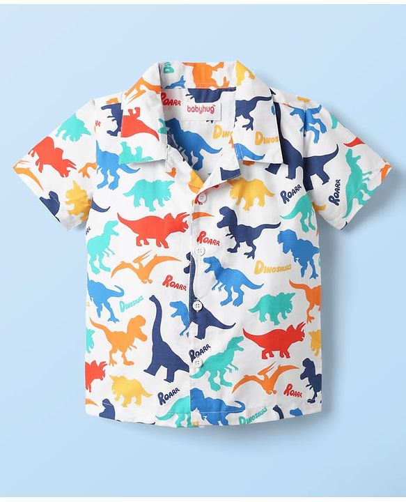 Babyhug Cotton Woven Half Sleeves Co-ords Night Suit With Dino Print - White