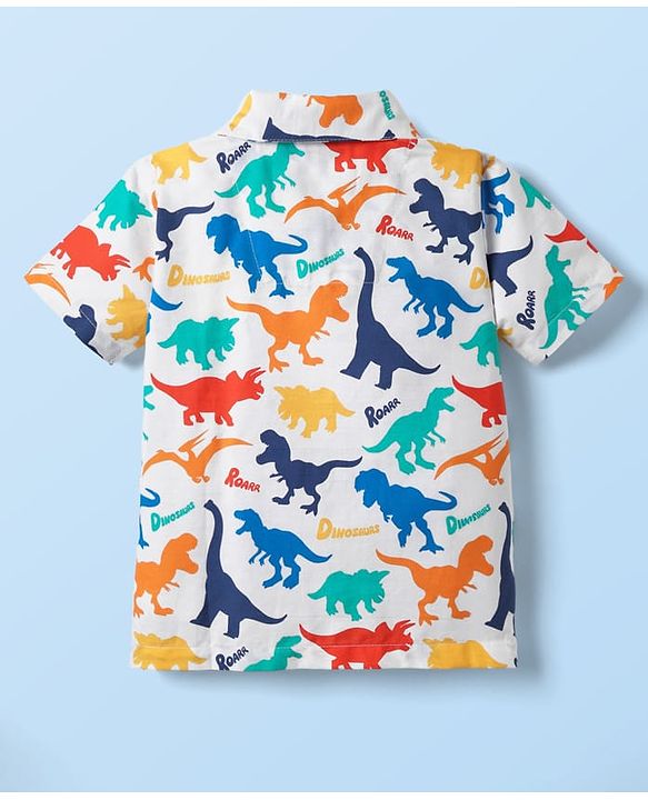 Babyhug Cotton Woven Half Sleeves Co-ords Night Suit With Dino Print - White