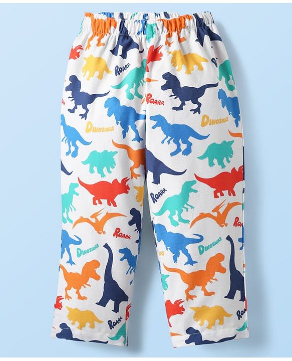 Babyhug Cotton Woven Half Sleeves Co-ords Night Suit With Dino Print - White