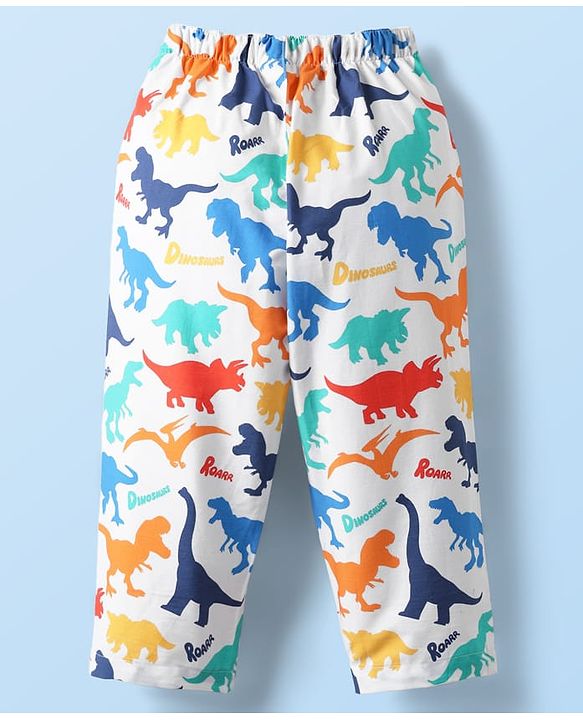 Babyhug Cotton Woven Half Sleeves Co-ords Night Suit With Dino Print - White