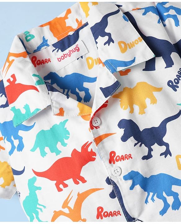 Babyhug Cotton Woven Half Sleeves Co-ords Night Suit With Dino Print - White
