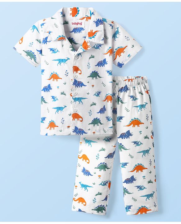 Babyhug Cotton Woven Half Sleeves Co-ords Night Suit With Dino Print - White