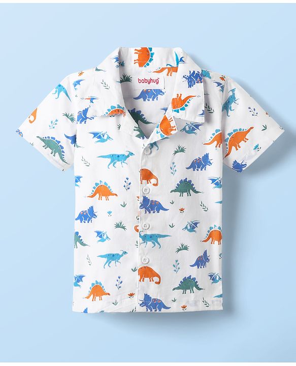 Babyhug Cotton Woven Half Sleeves Co-ords Night Suit With Dino Print - White