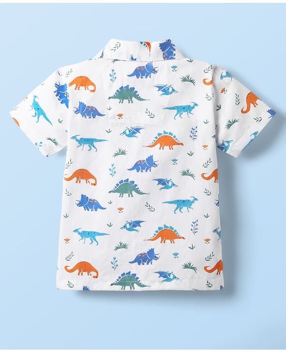 Babyhug Cotton Woven Half Sleeves Co-ords Night Suit With Dino Print - White