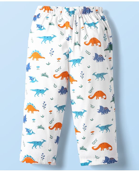 Babyhug Cotton Woven Half Sleeves Co-ords Night Suit With Dino Print - White