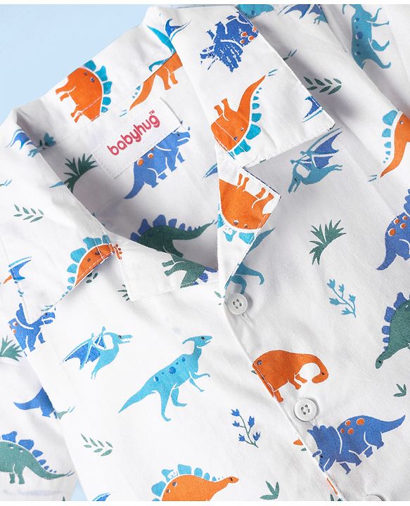 Babyhug Cotton Woven Half Sleeves Co-ords Night Suit With Dino Print - White