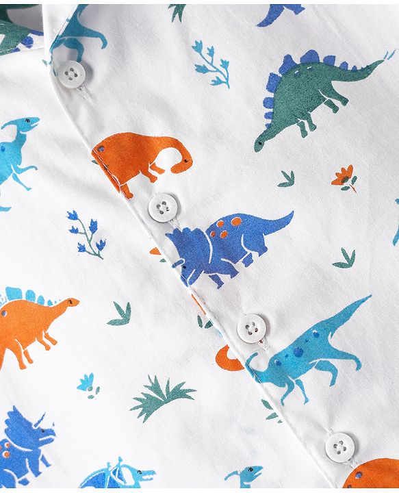 Babyhug Cotton Woven Half Sleeves Co-ords Night Suit With Dino Print - White