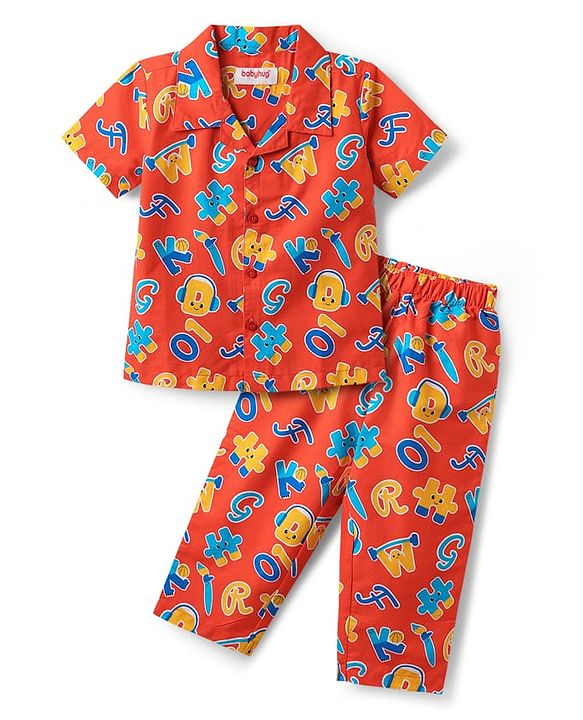 Babyhug Cotton Woven Half Sleeves Alphabet Printed Co-ords Night Suit  - Red