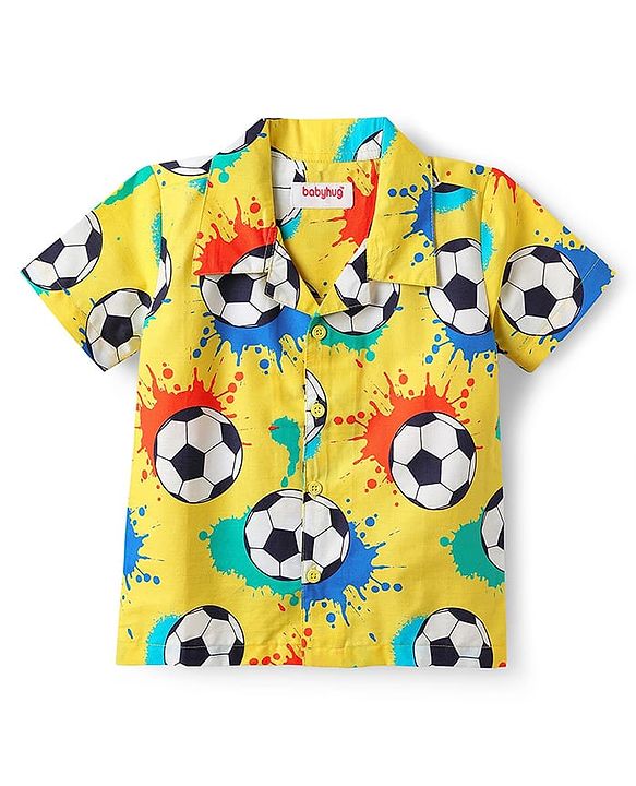Babyhug 100% Cotton Woven Half Sleeves Co-ords Night Suit With Football Print - Yellow