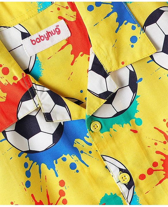 Babyhug 100% Cotton Woven Half Sleeves Co-ords Night Suit With Football Print - Yellow