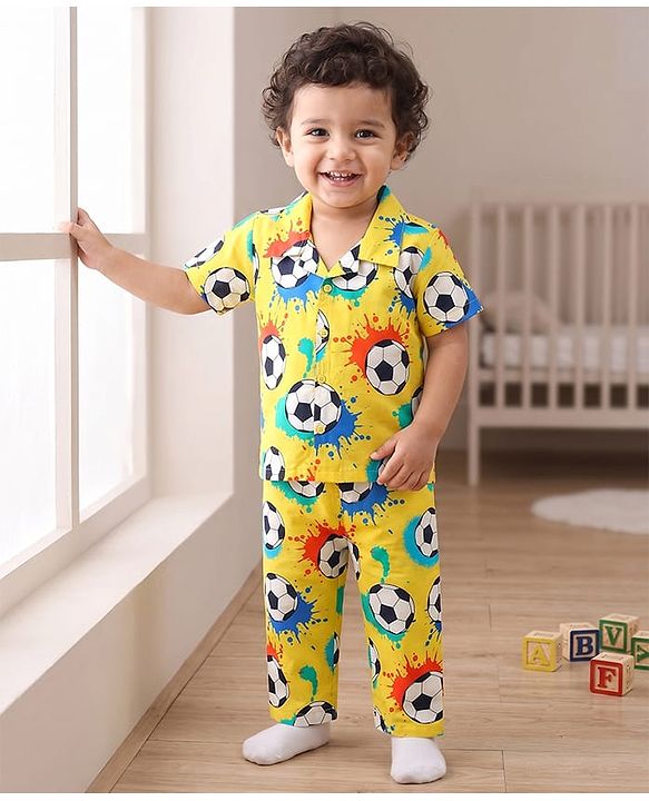 Babyhug 100% Cotton Woven Half Sleeves Co-ords Night Suit With Football Print - Yellow