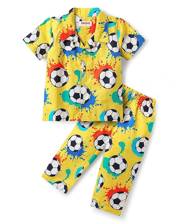 Babyhug 100% Cotton Woven Half Sleeves Co-ords Night Suit With Football Print - Yellow