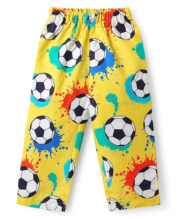 Babyhug 100% Cotton Woven Half Sleeves Co-ords Night Suit With Football Print - Yellow
