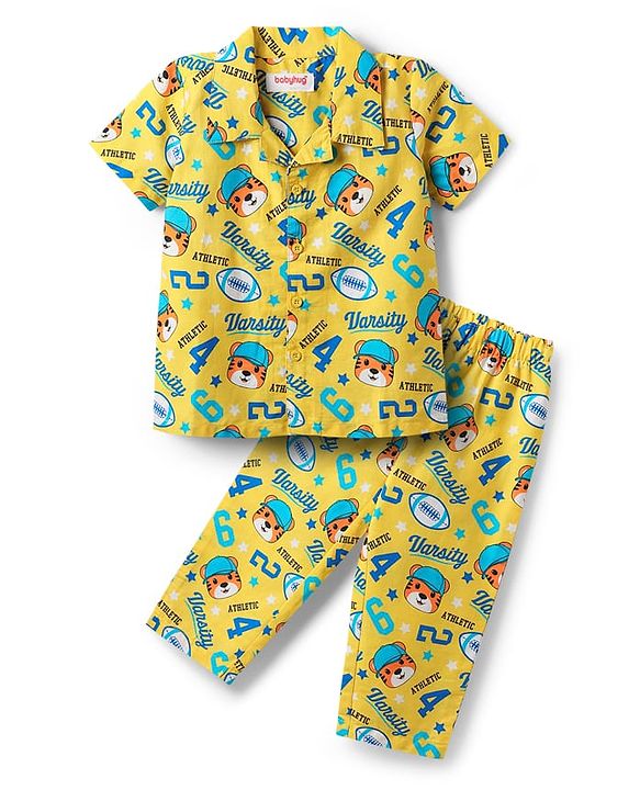 Babyhug Cotton Woven Half Sleeves Co-ords Night Suit With Tiger Print - Yellow