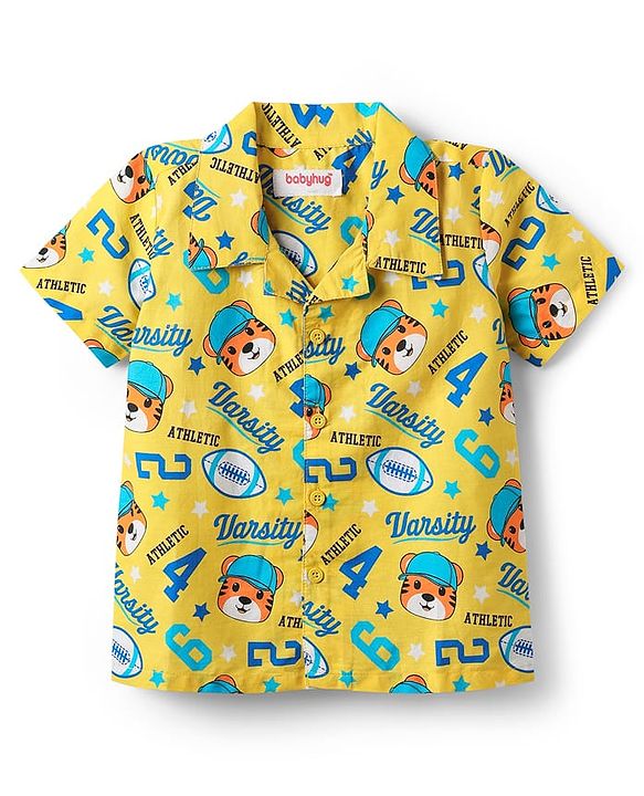 Babyhug Cotton Woven Half Sleeves Co-ords Night Suit With Tiger Print - Yellow