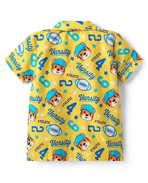 Babyhug Cotton Woven Half Sleeves Co-ords Night Suit With Tiger Print - Yellow