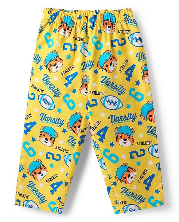 Babyhug Cotton Woven Half Sleeves Co-ords Night Suit With Tiger Print - Yellow