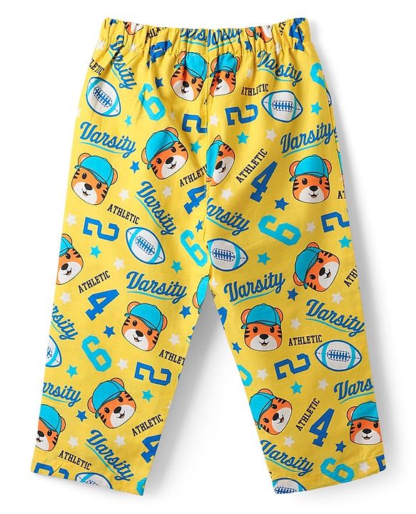 Babyhug Cotton Woven Half Sleeves Co-ords Night Suit With Tiger Print - Yellow