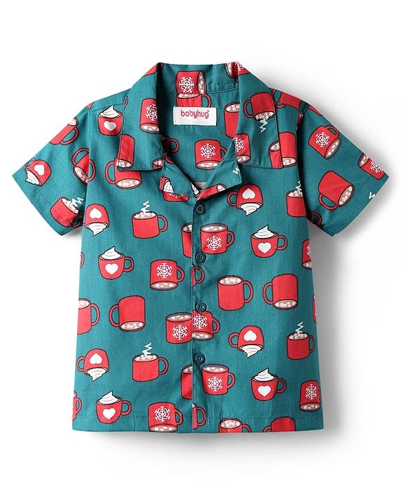 Babyhug Cotton Woven Half Sleeves Co-ords Night Suit With Cup Print - Green