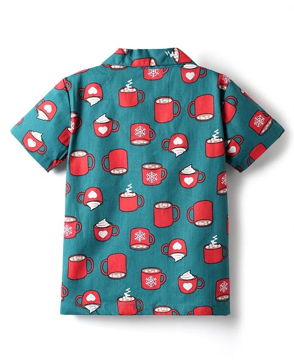 Babyhug Cotton Woven Half Sleeves Co-ords Night Suit With Cup Print - Green