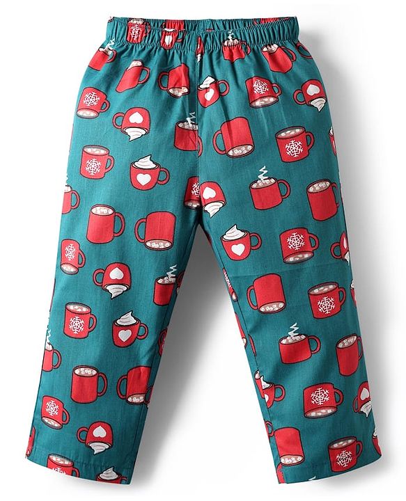 Babyhug Cotton Woven Half Sleeves Co-ords Night Suit With Cup Print - Green