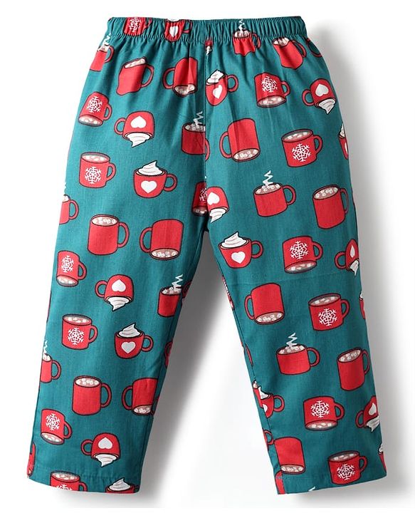 Babyhug Cotton Woven Half Sleeves Co-ords Night Suit With Cup Print - Green