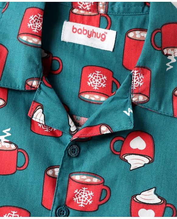 Babyhug Cotton Woven Half Sleeves Co-ords Night Suit With Cup Print - Green
