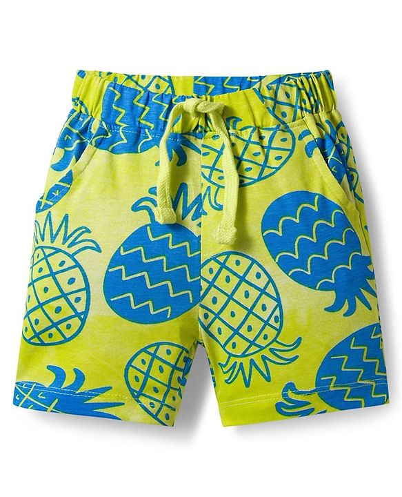 Babyhug Single Jersey Knit Half Sleeves Front Open Co-Ord Shirt and Shorts Set with Tropical Print - Neon Green