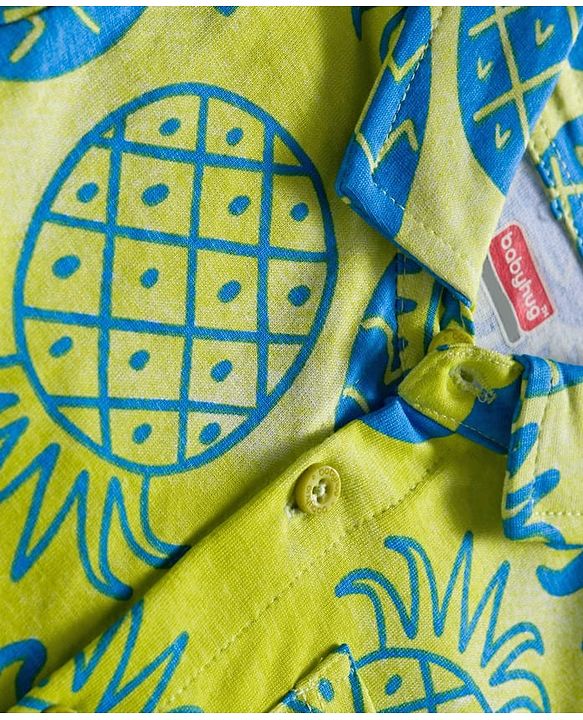Babyhug Single Jersey Knit Half Sleeves Front Open Co-Ord Shirt and Shorts Set with Tropical Print - Neon Green