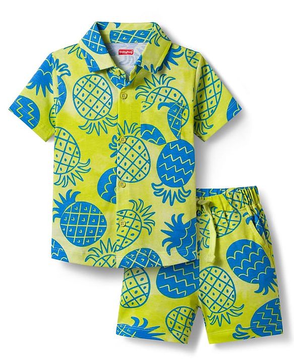 Babyhug Single Jersey Knit Half Sleeves Front Open Co-Ord Shirt and Shorts Set with Tropical Print - Neon Green