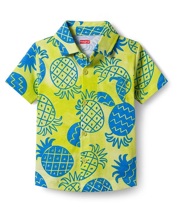 Babyhug Single Jersey Knit Half Sleeves Front Open Co-Ord Shirt and Shorts Set with Tropical Print - Neon Green