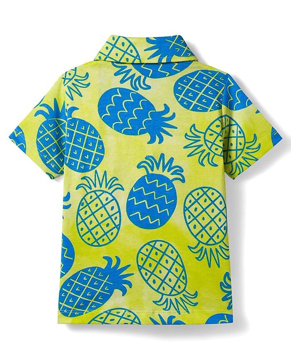 Babyhug Single Jersey Knit Half Sleeves Front Open Co-Ord Shirt and Shorts Set with Tropical Print - Neon Green