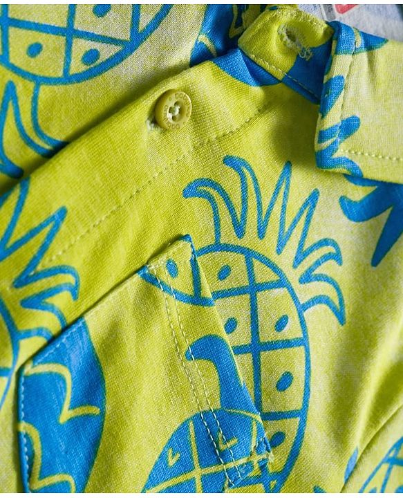 Babyhug Single Jersey Knit Half Sleeves Front Open Co-Ord Shirt and Shorts Set with Tropical Print - Neon Green