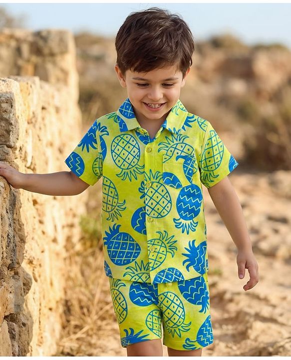 Babyhug Single Jersey Knit Half Sleeves Front Open Co-Ord Shirt and Shorts Set with Tropical Print - Neon Green