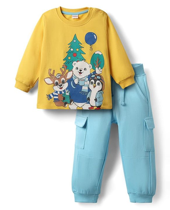 Babyhug 100% Cotton Full Sleeves Hooded Jacket T-Shirt & Lounge Pants With Giraffe Print - Brown