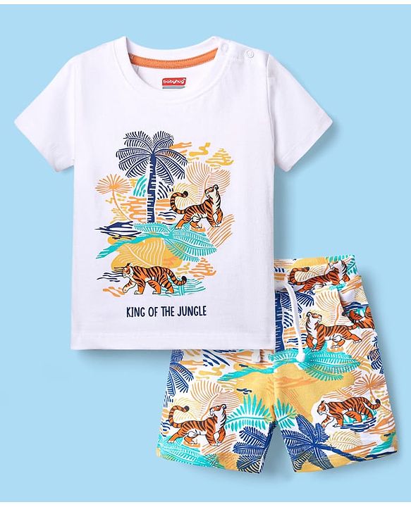 Babyhug Single Jersey Knit Half Sleeves T-Shirt & Shorts Set with Jungle Theme Print - White
