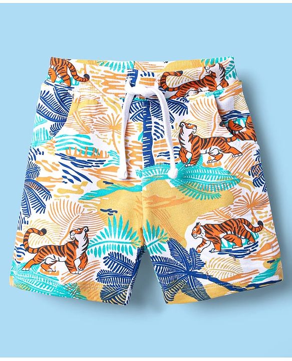 Babyhug Single Jersey Knit Half Sleeves T-Shirt & Shorts Set with Jungle Theme Print - White