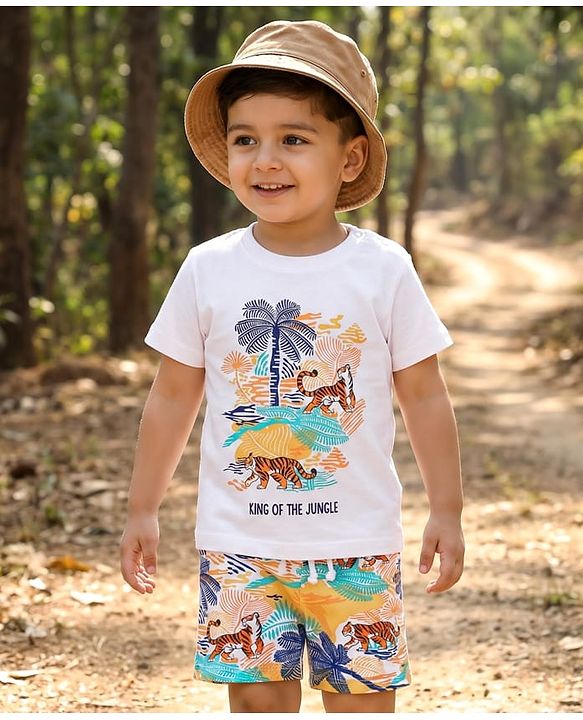 Babyhug Single Jersey Knit Half Sleeves T-Shirt & Shorts Set with Jungle Theme Print - White