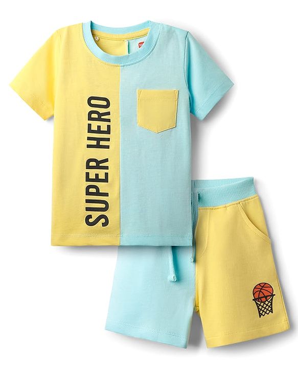 Babyhug Single Jersey Knit Half Sleeves T-Shirt & Shorts Set With Text Print - Light Blue