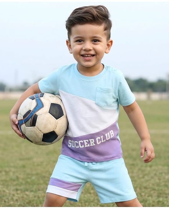Babyhug Single Jersey Knit Half Sleeves Cut & Sew T-Shirt & Shorts Set with Text Print - Aqua Blue