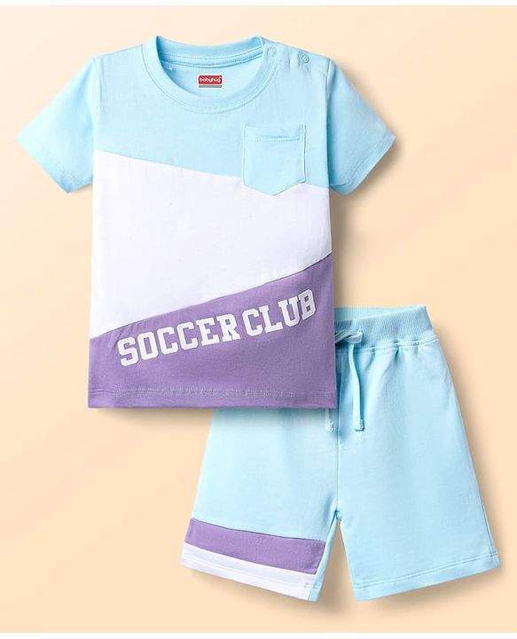 Babyhug Single Jersey Knit Half Sleeves Cut & Sew T-Shirt & Shorts Set with Text Print - Aqua Blue