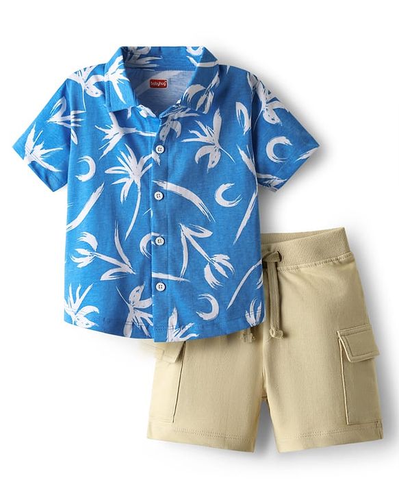 Babyhug Single Jersey Knit Half Sleeves Shirt & Shorts Set with Floral Print - Blue & Beige