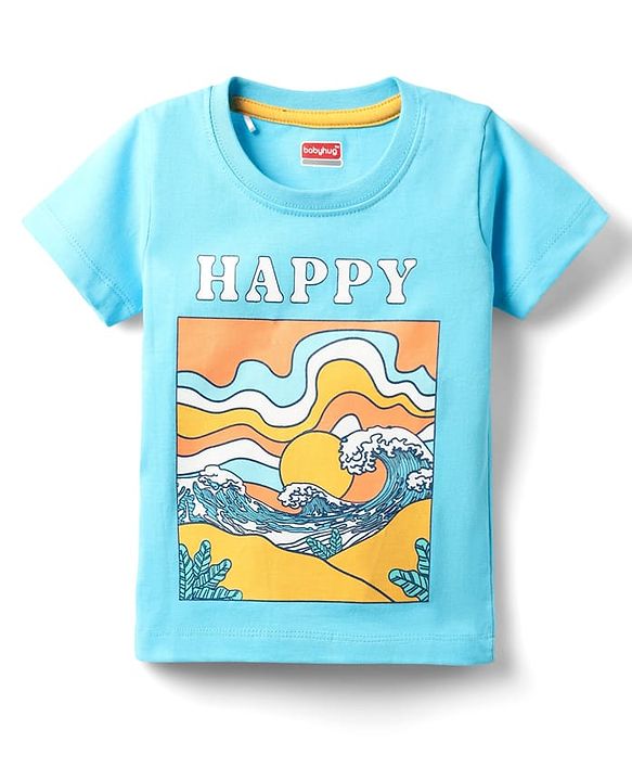 Babyhug Single Jersey Knit Half Sleeves T-Shirt & Shorts Set With Beach Print - Light Blue & Yellow