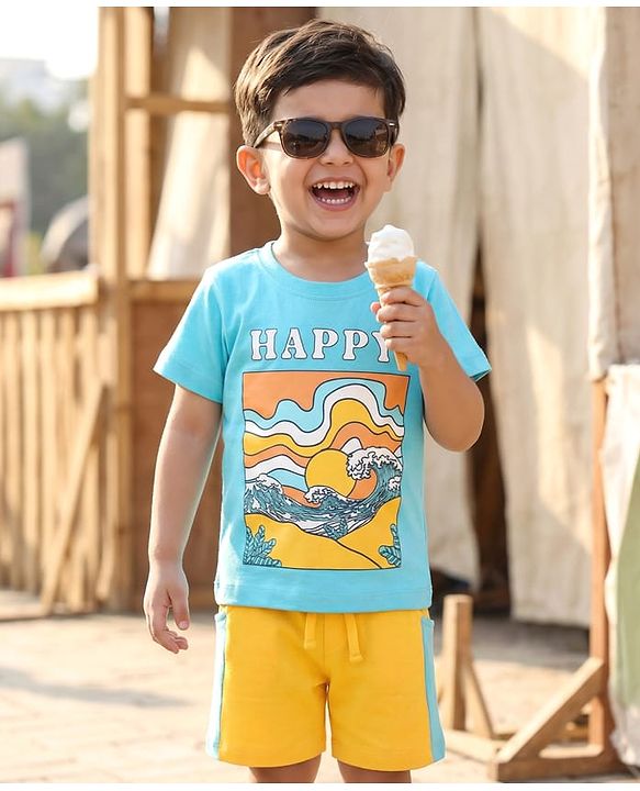 Babyhug Single Jersey Knit Half Sleeves T-Shirt & Shorts Set With Beach Print - Light Blue & Yellow