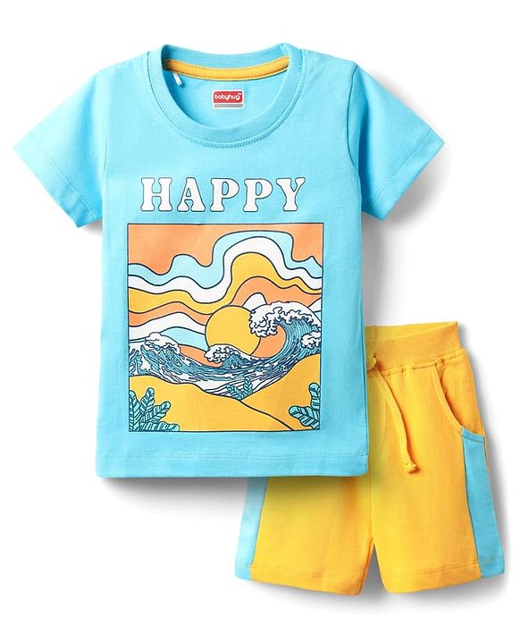 Babyhug Single Jersey Knit Half Sleeves T-Shirt & Shorts Set With Beach Print - Light Blue & Yellow