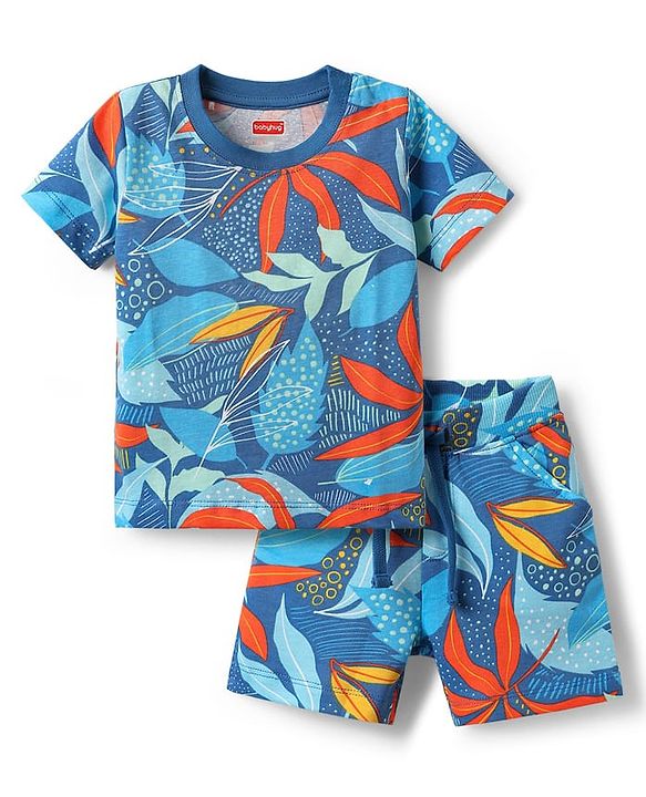 Babyhug Single Jersey Knit Half Sleeves T-Shirt & Shorts Co-ord Set with Tropical Print - Blue