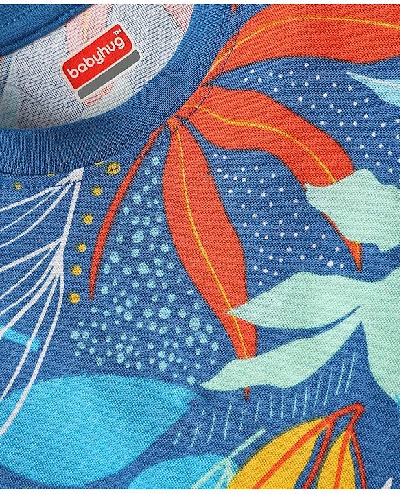 Babyhug Single Jersey Knit Half Sleeves T-Shirt & Shorts Co-ord Set with Tropical Print - Blue