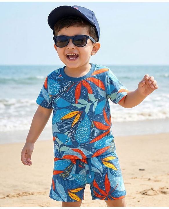 Babyhug Single Jersey Knit Half Sleeves T-Shirt & Shorts Co-ord Set with Tropical Print - Blue
