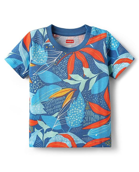 Babyhug Single Jersey Knit Half Sleeves T-Shirt & Shorts Co-ord Set with Tropical Print - Blue