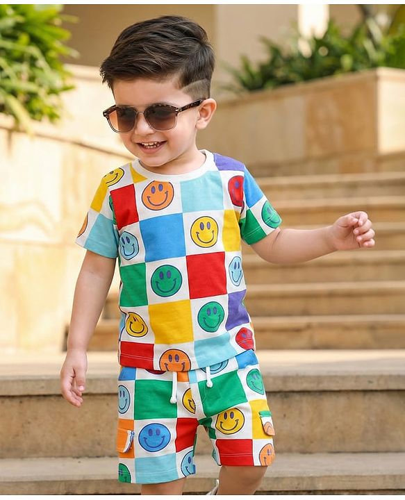 Babyhug Single Jersey Knit Half Sleeves T-Shirt & Shorts Co-ord Set with Smiley Print - White